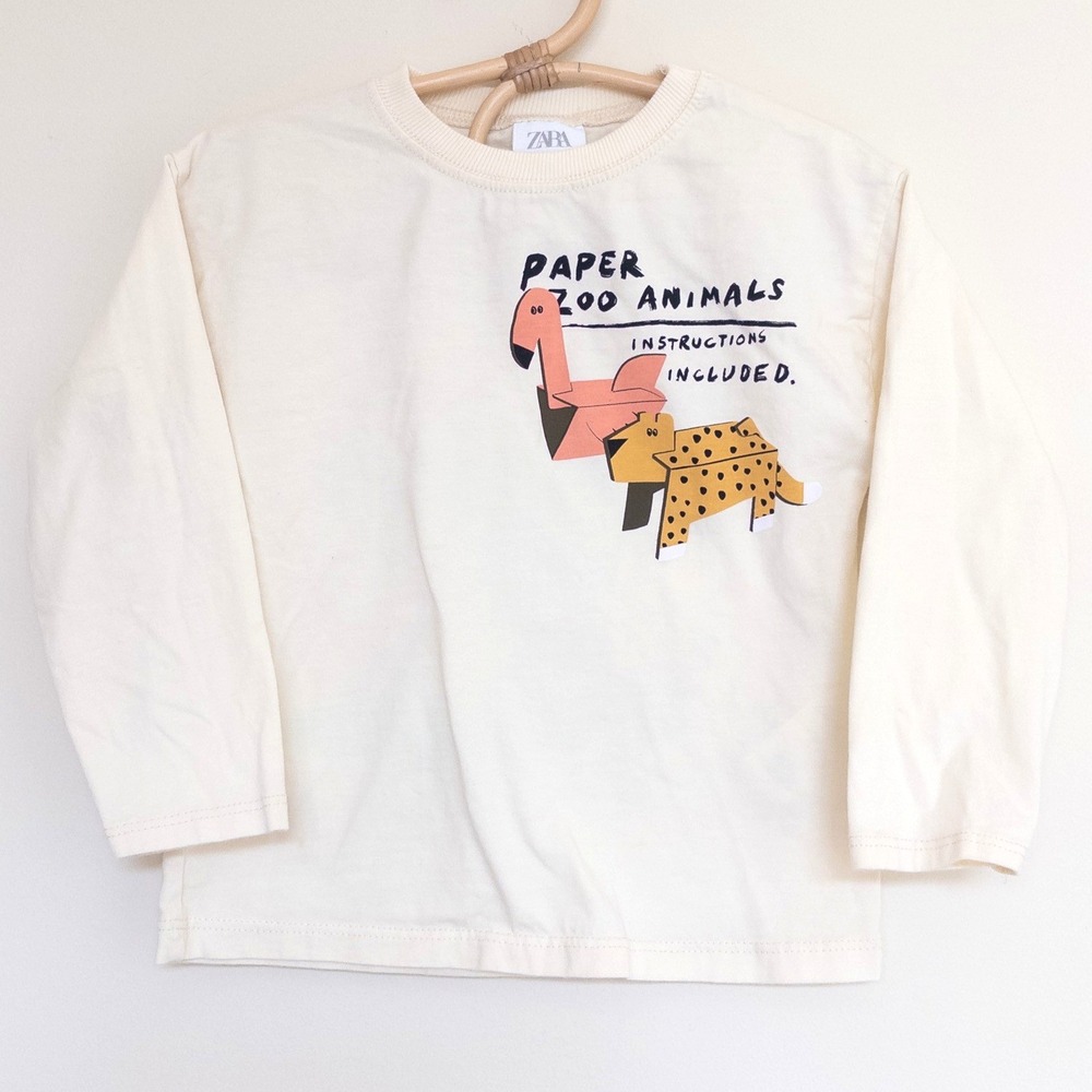Zara Paper Zoo Animals Graphic Long Sleeve Shirt Cream Kids 2-3 Years